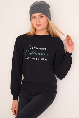 Confidence Baskılı Siyah Sweatshirt - Thumbnail
