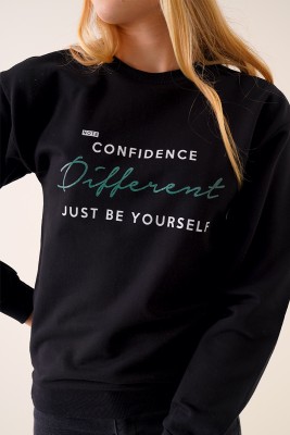 Confidence Baskılı Siyah Sweatshirt - Thumbnail