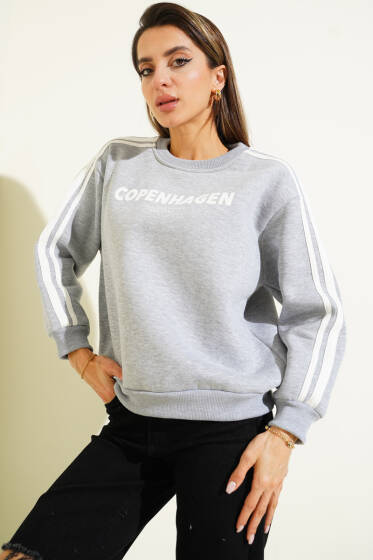 Copenhagen Baskılı Üç İplik Sweatshirt Gri - Kadın Giyim Modelleri