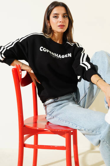 Copenhagen Baskılı Üç İplik Sweatshirt Siyah - Kadın Giyim Modelleri