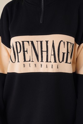 Copenhagen Baskılı Yakası Fermuarlı Siyah Sweatshirt - Thumbnail