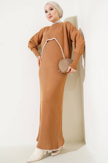 Crop Jile Triko İkili Takım Latte - İkili Takım