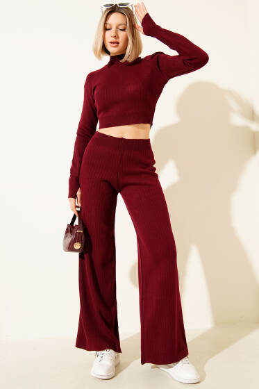 Croplu Triko İkili Takım Bordo - Kadın Giyim Modelleri