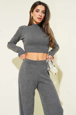 Croplu Triko İkili Takım Füme - Kadın Giyim Modelleri