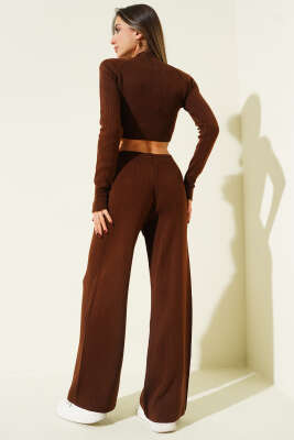 Croplu Triko İkili Takım Kahve - Kadın Giyim Modelleri