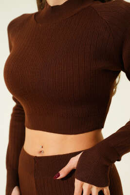 Croplu Triko İkili Takım Kahve - Kadın Giyim Modelleri