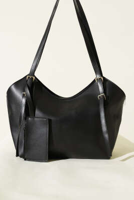 Cüzdan Detaylı Uzun Kulplu Kadın Çanta Siyah - Kol Çantası