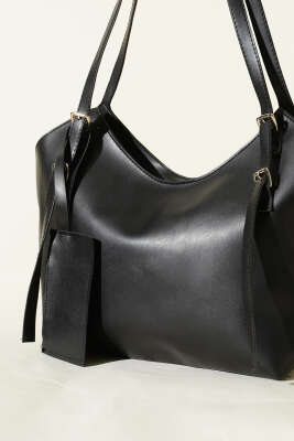 Cüzdan Detaylı Uzun Kulplu Kadın Çanta Siyah - Kol Çantası