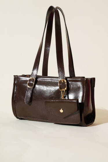 Cüzdanlı Kısa Kulplu Dikdörtgen Çanta Acı Kahve - Kol Çantası