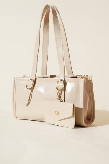 Cüzdanlı Kısa Kulplu Dikdörtgen Çanta Bej - Kol Çantası