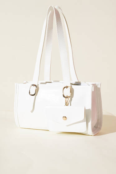 Cüzdanlı Kısa Kulplu Dikdörtgen Çanta Beyaz - Kol Çantası