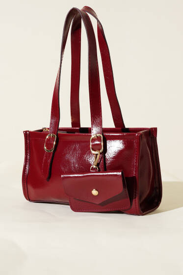 Cüzdanlı Kısa Kulplu Dikdörtgen Çanta Bordo - Kol Çantası