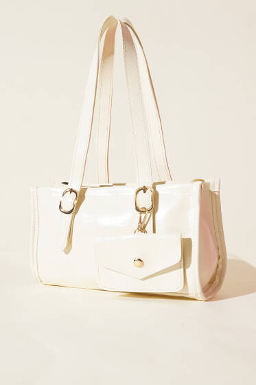 Cüzdanlı Kısa Kulplu Dikdörtgen Çanta Krem - Kol Çantası