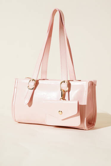 Cüzdanlı Kısa Kulplu Dikdörtgen Çanta Pembe - Kol Çantası