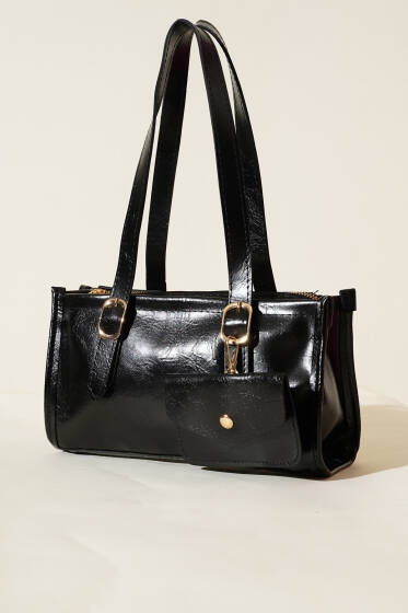 Cüzdanlı Kısa Kulplu Dikdörtgen Çanta Siyah - Kol Çantası