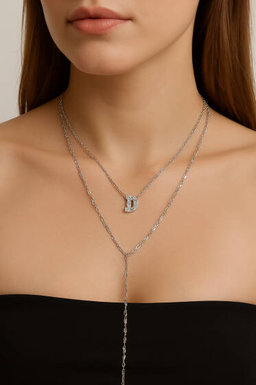 D Harfli Zincir Kolye Gümüş - Kolye