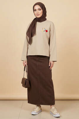 D Logolu Kalp Armalı Tunik Bej - Tunik