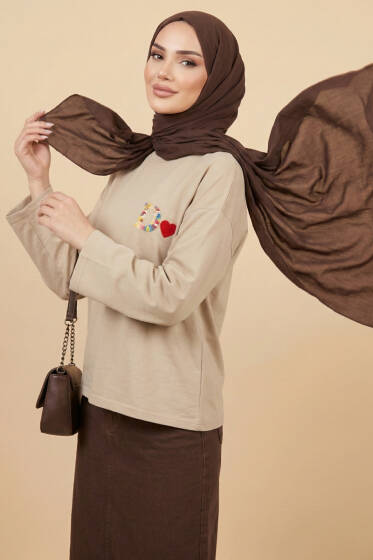 D Logolu Kalp Armalı Tunik Bej - Yılın Fırsatı