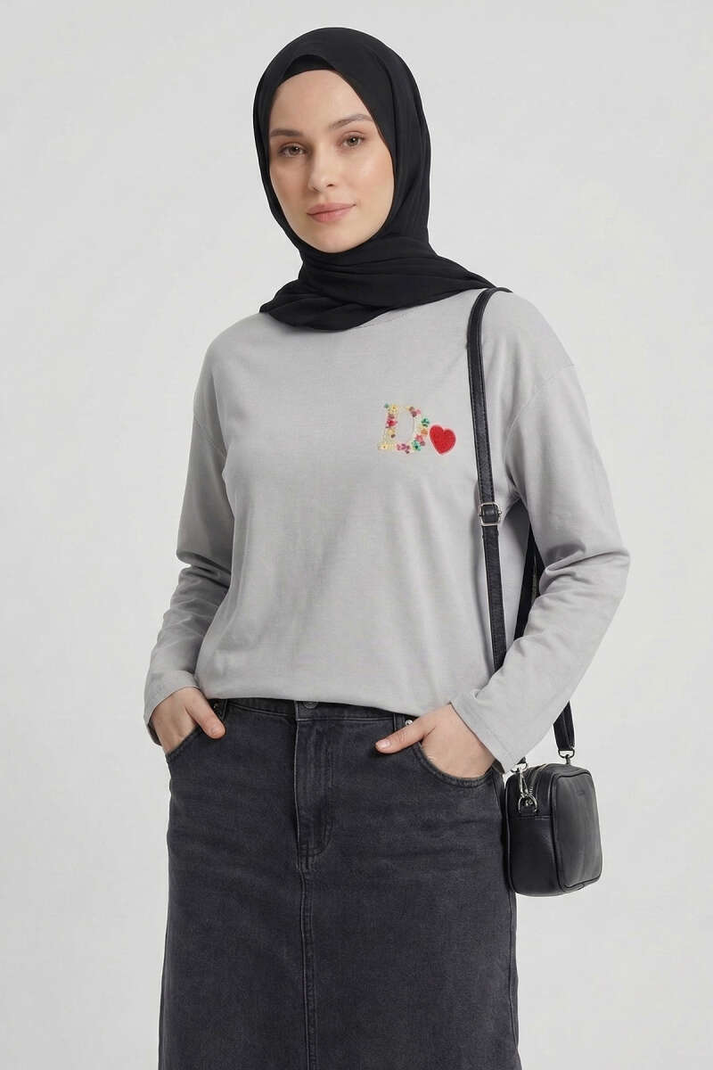 D Logolu Kalp Armalı Tunik Gri