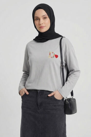 D Logolu Kalp Armalı Tunik Gri - Tunik
