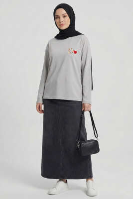 D Logolu Kalp Armalı Tunik Gri - Tunik