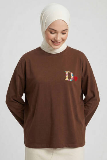 D Logolu Kalp Armalı Tunik Kahve - Yılın Fırsatı