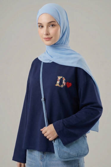 D Logolu Kalp Armalı Tunik Lacivert - Tunik