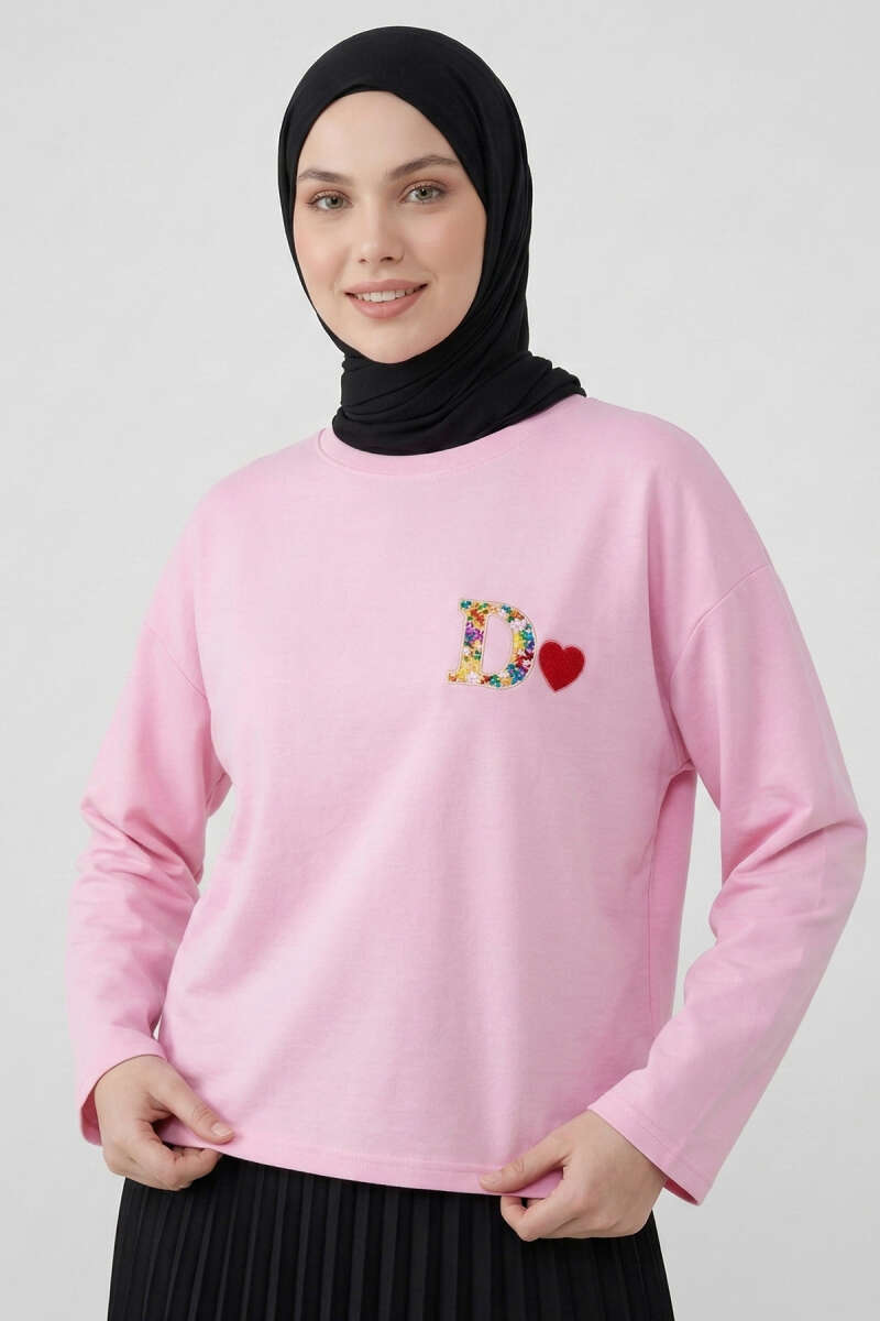 D Logolu Kalp Armalı Tunik Pembe