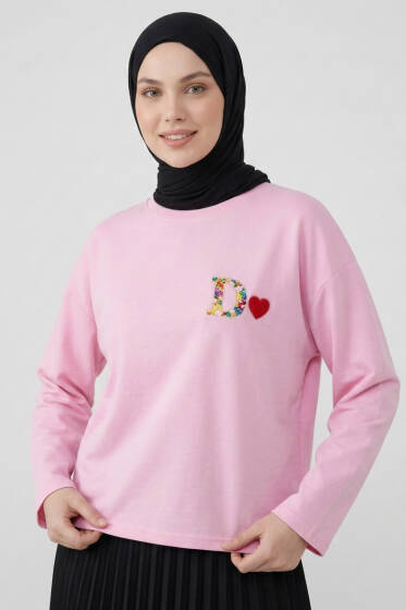 D Logolu Kalp Armalı Tunik Pembe - Tunik