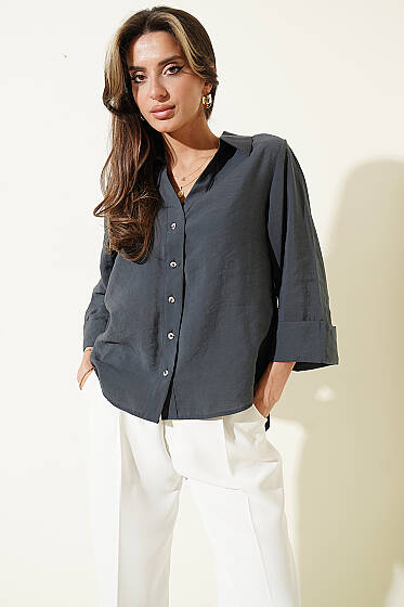 Dabıl Fakir Kol Salaş Gömlek Füme - Kadın Giyim Modelleri