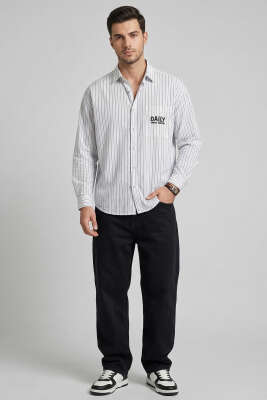 Daily Tek Cepli Çizgili Erkek Gömlek Beyaz - Erkek Gömlek