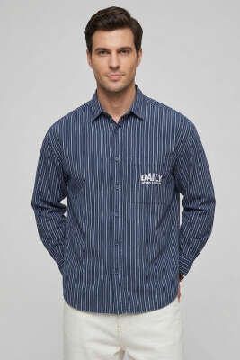 Daily Tek Cepli Çizgili Erkek Gömlek Lacivert - GİESTO