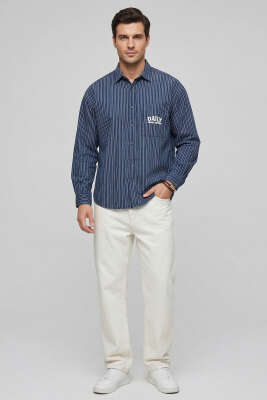 Daily Tek Cepli Çizgili Erkek Gömlek Lacivert - Erkek Gömlek