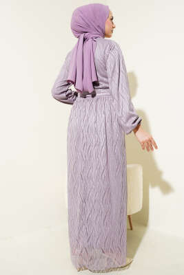 Dalga Dantelli Kuşaklı Elbise Lila - Tesettür Elbise