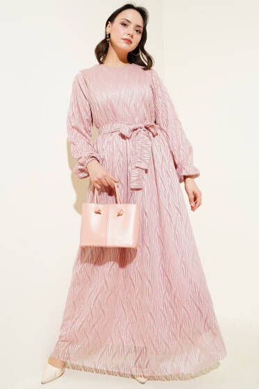 Dalga Dantelli Kuşaklı Elbise Pudra - Elbise