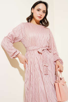 Dalga Dantelli Kuşaklı Elbise Pudra - Tesettür Elbise