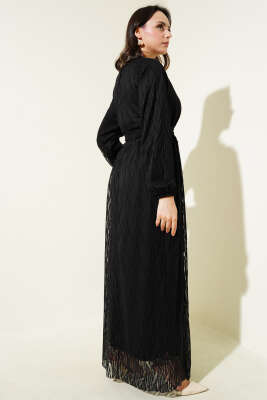 Dalga Dantelli Kuşaklı Elbise Siyah - Tesettür Elbise