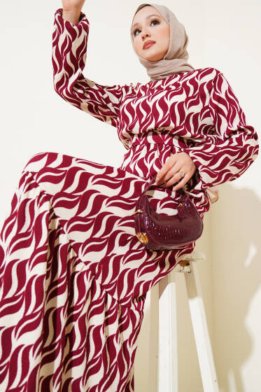Dalga Desen Bel Lastikli Bürümcük Elbise Bordo - Elbise