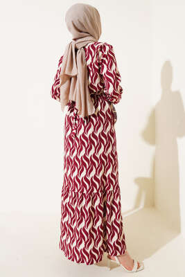 Dalga Desen Bel Lastikli Bürümcük Elbise Bordo - Tesettür Elbise