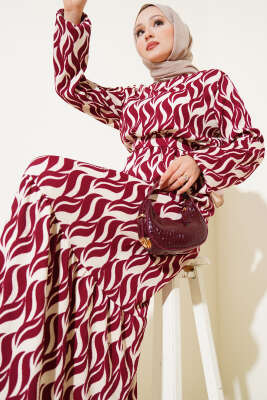 Dalga Desen Bel Lastikli Bürümcük Elbise Bordo