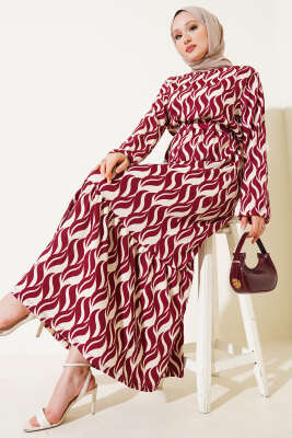 Dalga Desen Bel Lastikli Bürümcük Elbise Bordo - Tesettür Elbise