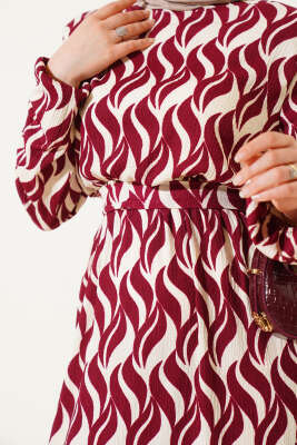 Dalga Desen Bel Lastikli Bürümcük Elbise Bordo - Tesettür Elbise