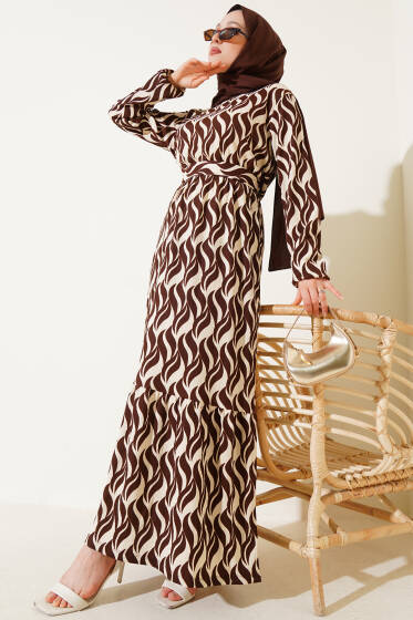 Dalga Desen Bel Lastikli Bürümcük Elbise Kahve - Elbise