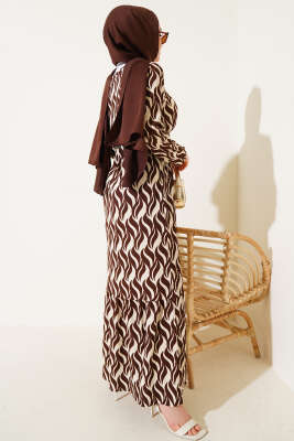 Dalga Desen Bel Lastikli Bürümcük Elbise Kahve - Tesettür Elbise