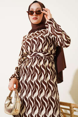 Dalga Desen Bel Lastikli Bürümcük Elbise Kahve - Tesettür Elbise