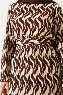 Dalga Desen Bel Lastikli Bürümcük Elbise Kahve - Tesettür Elbise