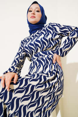 Dalga Desen Bel Lastikli Bürümcük Elbise Lacivert - Tesettür Elbise