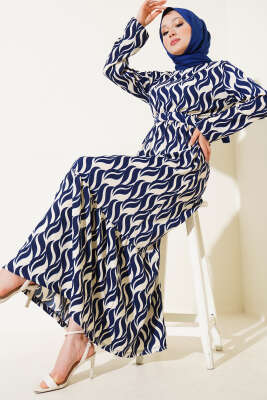 Dalga Desen Bel Lastikli Bürümcük Elbise Lacivert