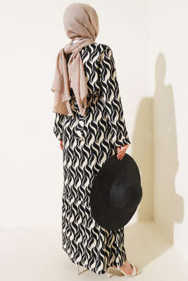 Dalga Desen Bel Lastikli Bürümcük Elbise Siyah - Tesettür Elbise