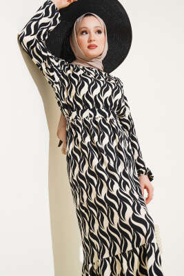 Dalga Desen Bel Lastikli Bürümcük Elbise Siyah - Tesettür Elbise